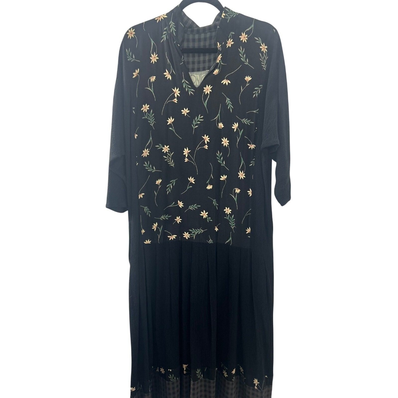 Onion Womens Floral Embroidered Mixed Media Midi Dress Black Gingham Trim 913